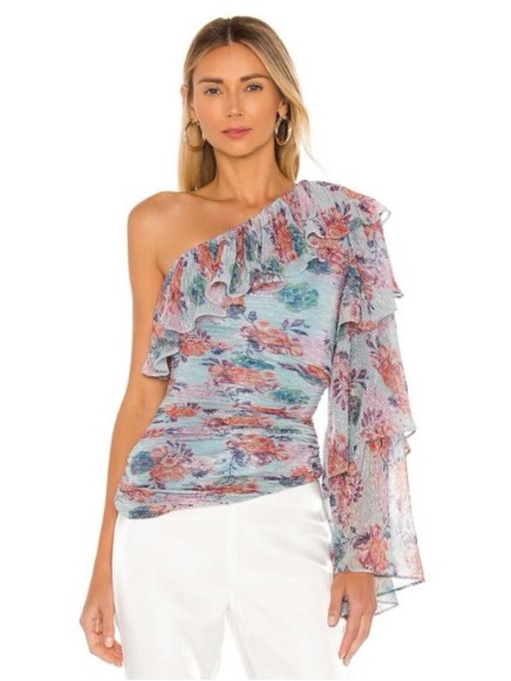NBD Johanne‎ One-Shoulder Ruffle Floral Blouse Blue Metallic Size Small